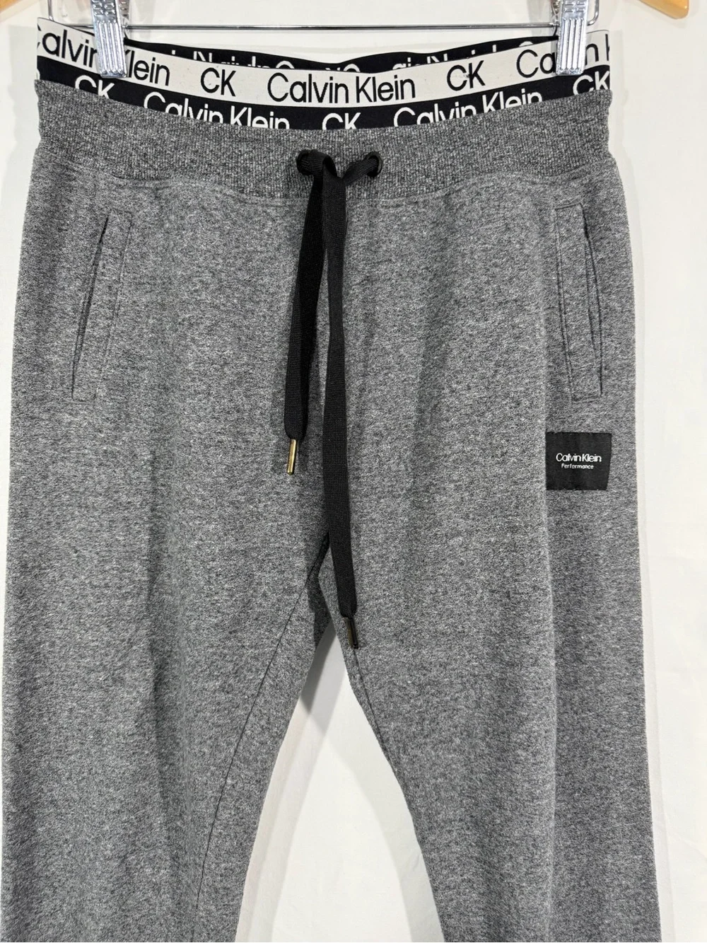 Calvin Klein Men's Heather Gray Knit Joggers with Black Drawstring